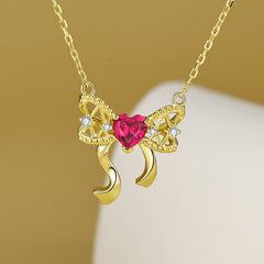 Heart Red Corundum with Zircon Hollow Bow Silver Necklace for Women