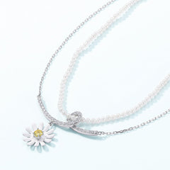 Little Daisy Zircon Pendant Pearl Chain Double Layers Sterling Silver Necklace