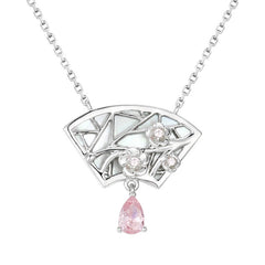 Plum Flower Pattern Fan Pendant Pear Shape Pink Zircon Sterling Silver Necklace