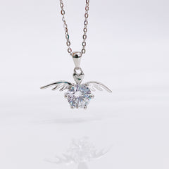 Six Prongs Round Zircon with Wings Pendant Silver Necklace for Women