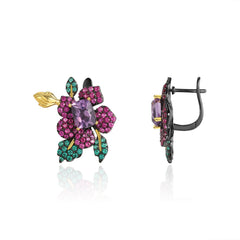 Natural Style Inlaid Colourful Gemstone Flower Silver Studs for Women