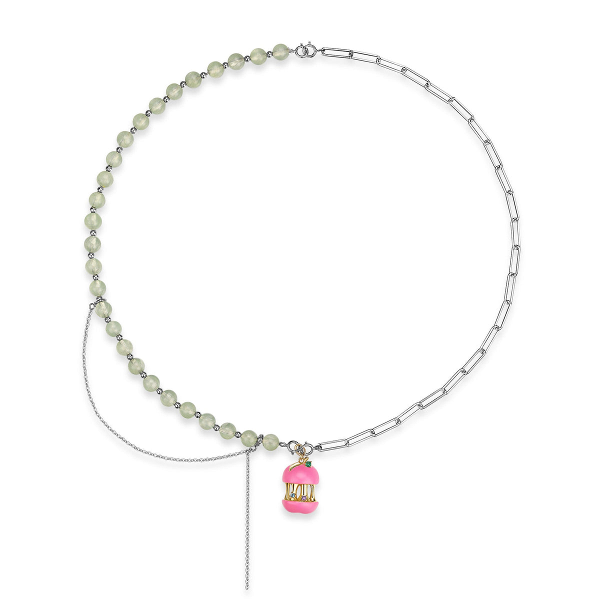 Pink Bird Cage Pendant Natural Prehnite Tassel Splicing Silver Necklace