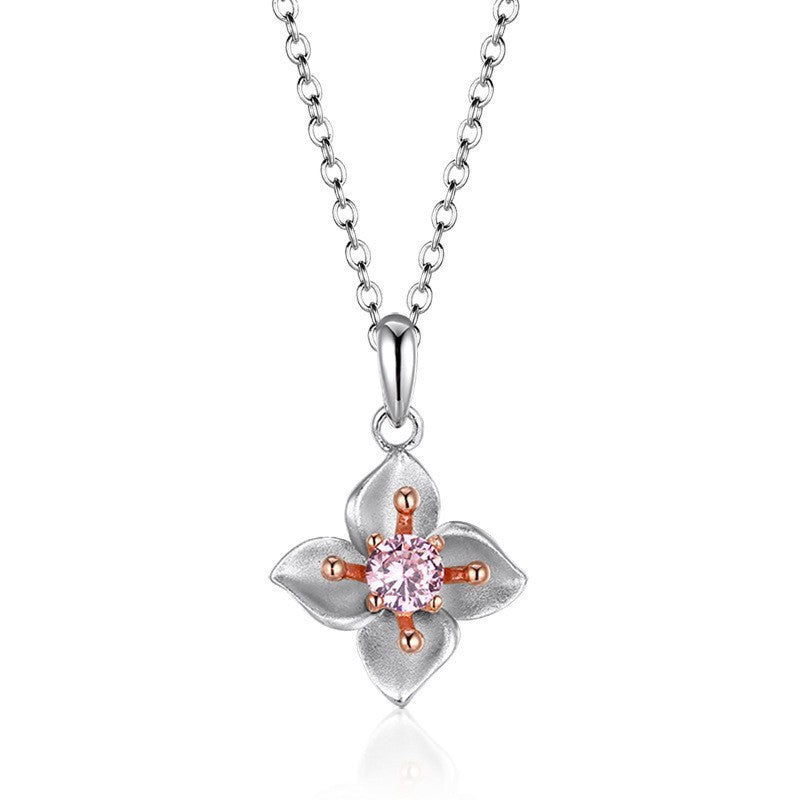 Plum Blossom with Pink Zircon Silver Necklace for Women