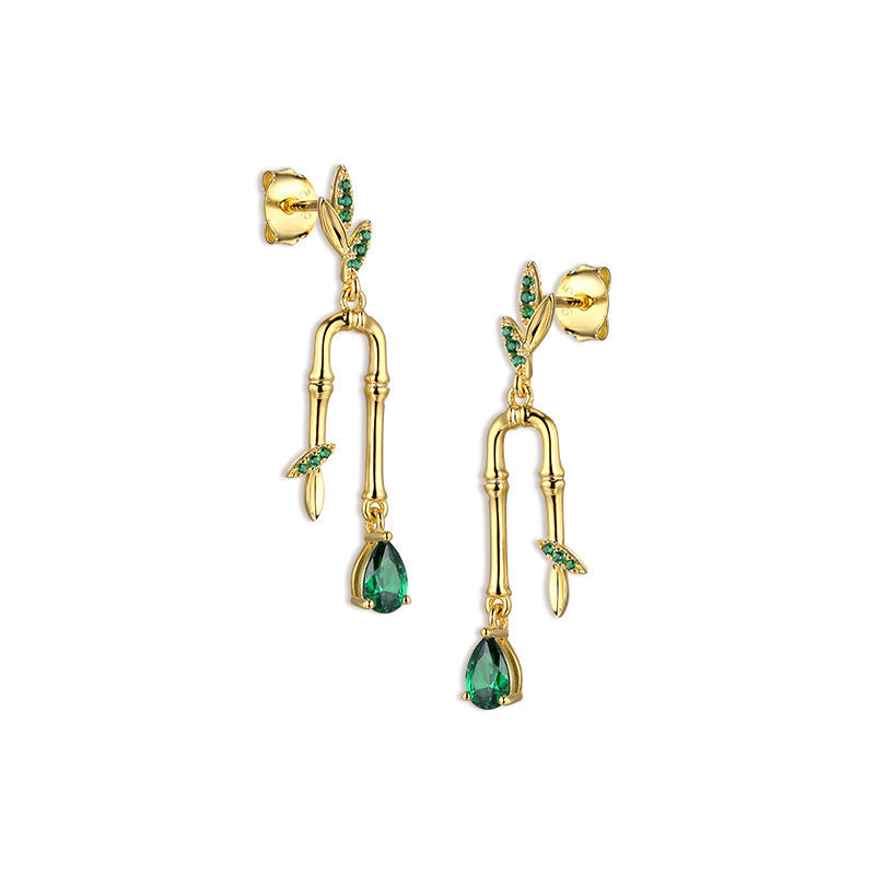 Green Zircon Bamboo Leaf Silver Drop Earrings for Women