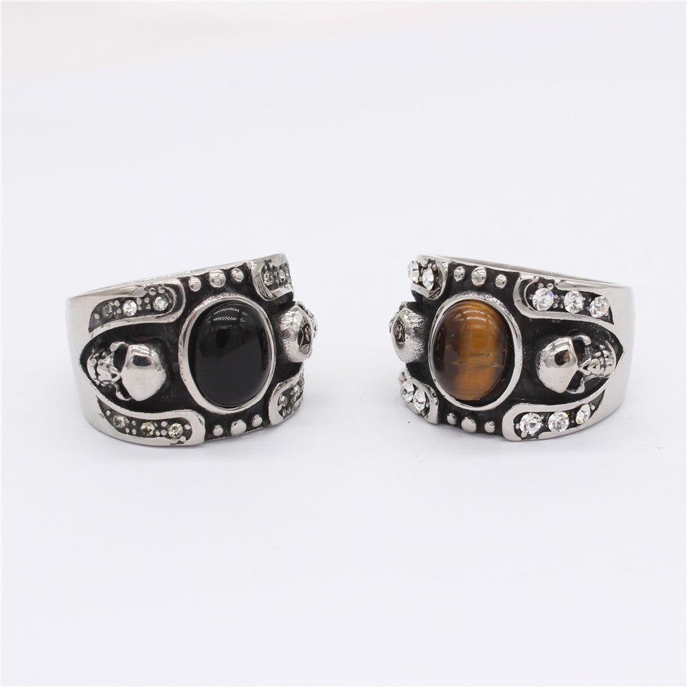 Halloween Skull Oval Tiger Eye Stone Titanium Steel Ring for Men