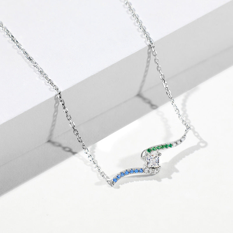 Square Zircon Coloured Geometric Wave Pendant Sterling Silver Necklace