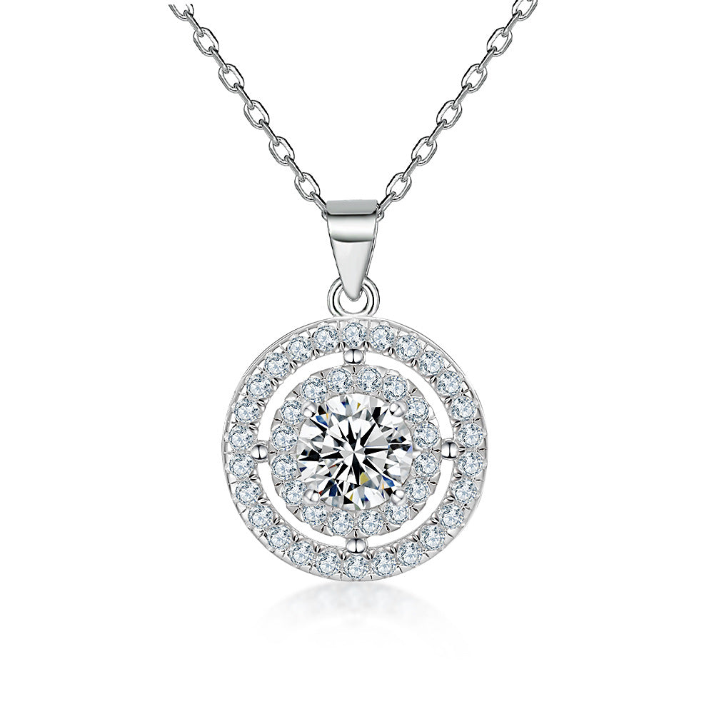 Round Zircon Soleste Halo Pendant Silver Necklace for Women