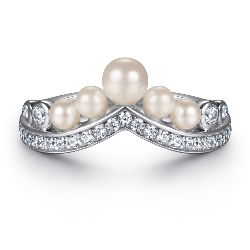Pear Drop Zircon Soleste Halo with Pearl V-shape Silver Ring Set