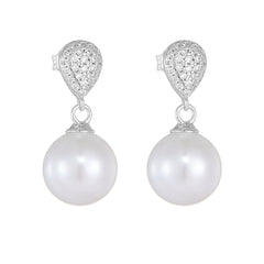 Round Pearl Pendant Zircon Water Droplet Sterling Silver Drop Earrings