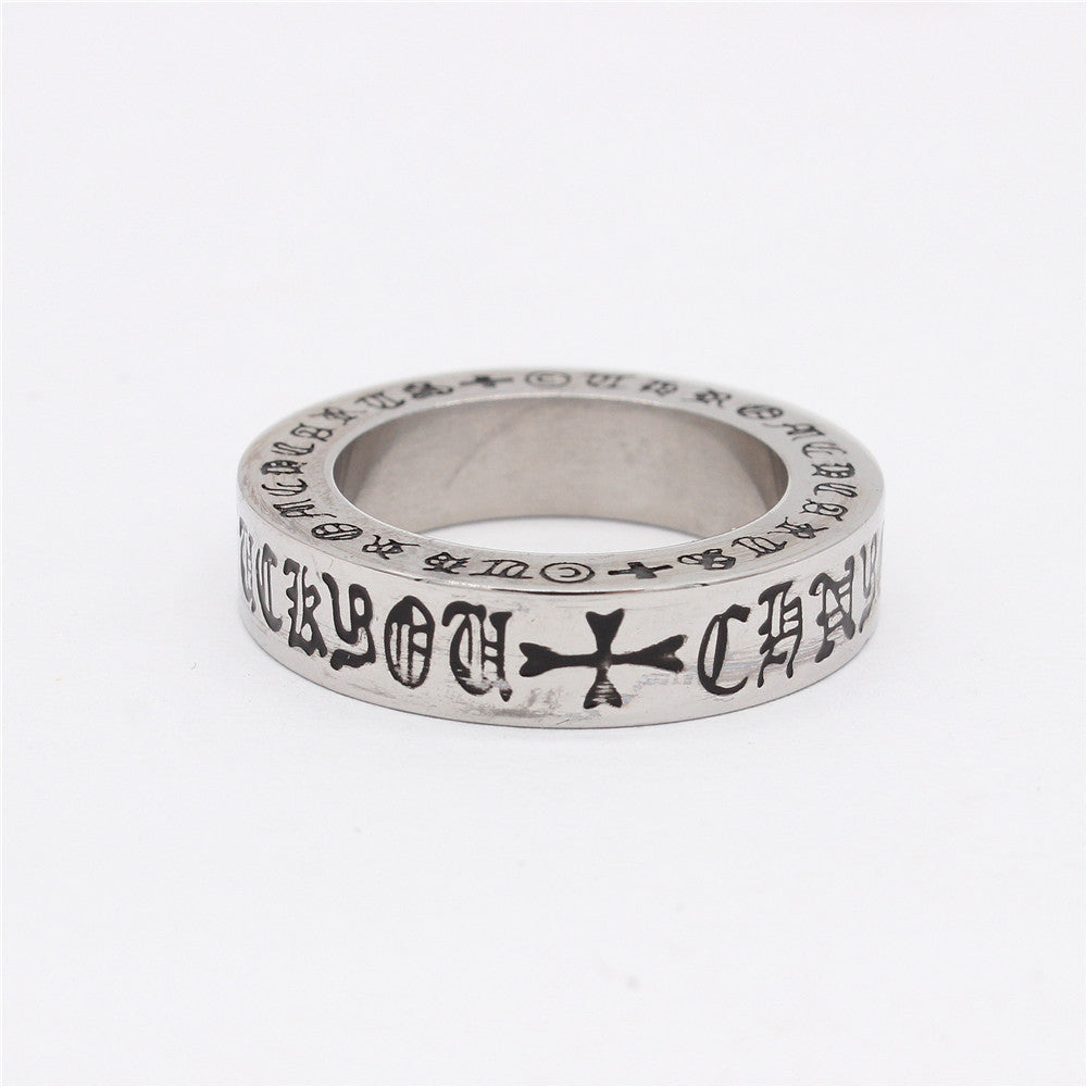 Gothic Text Cross Titanium Steel Ring for Men