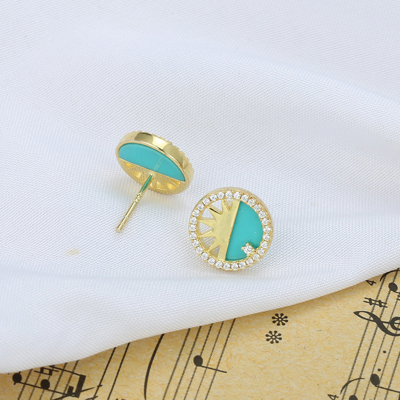 Natural Turquoise with Zircon Sunrise Circle Silver Studs Earrings for Women