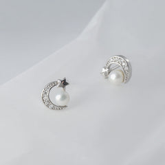 Zircon Moon Star with Freshwater Pearl D Shape Silver Stud Earrings for Women