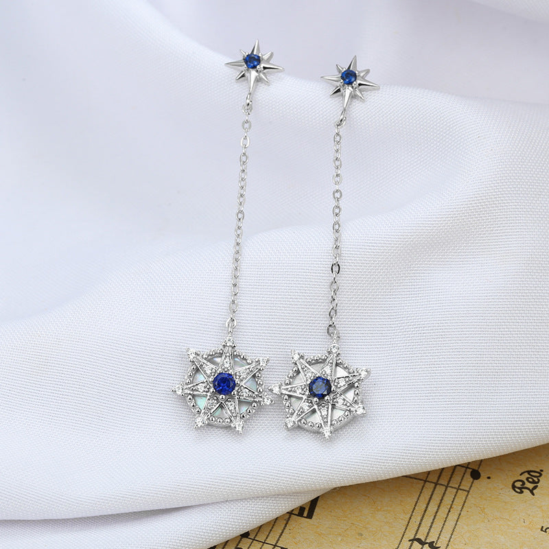 Blue Zircon Seven-pointed Star Tassel Silver Drop Earrings for Women