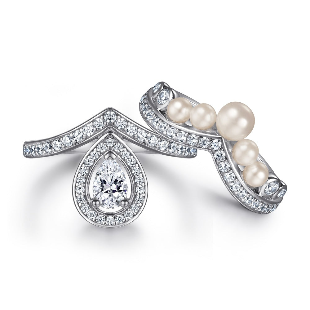 Pear Drop Zircon Soleste Halo with Pearl V-shape Silver Ring Set