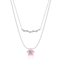 Pink Enamel Cherry Blossom Double Layers Silver Necklace