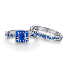 Princess Cut Zircon Square Soleste Halo Silver Ring Set