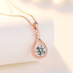 Round Zircon Hollow Water Drop Pendant Silver Necklace for Women