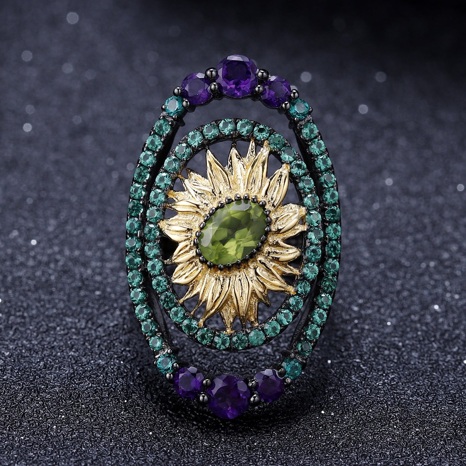 Vintage Oval Sunflower Natural Amethyst and Olivine Silver Ring