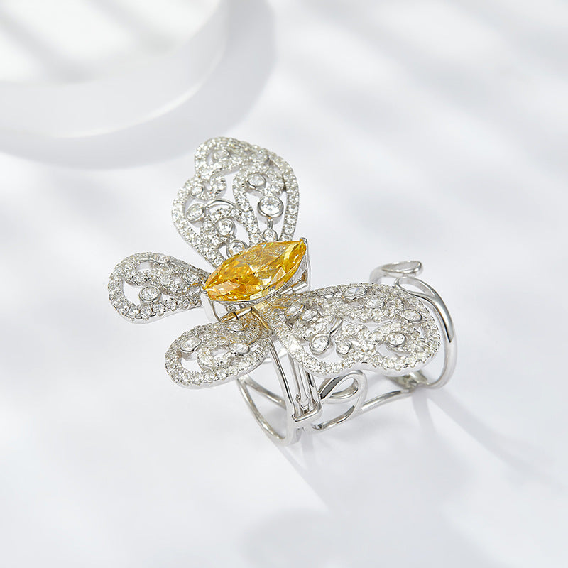 Yellow Zircon Marquise Ice Cut Active Butterfly Luxurious Silver Ring