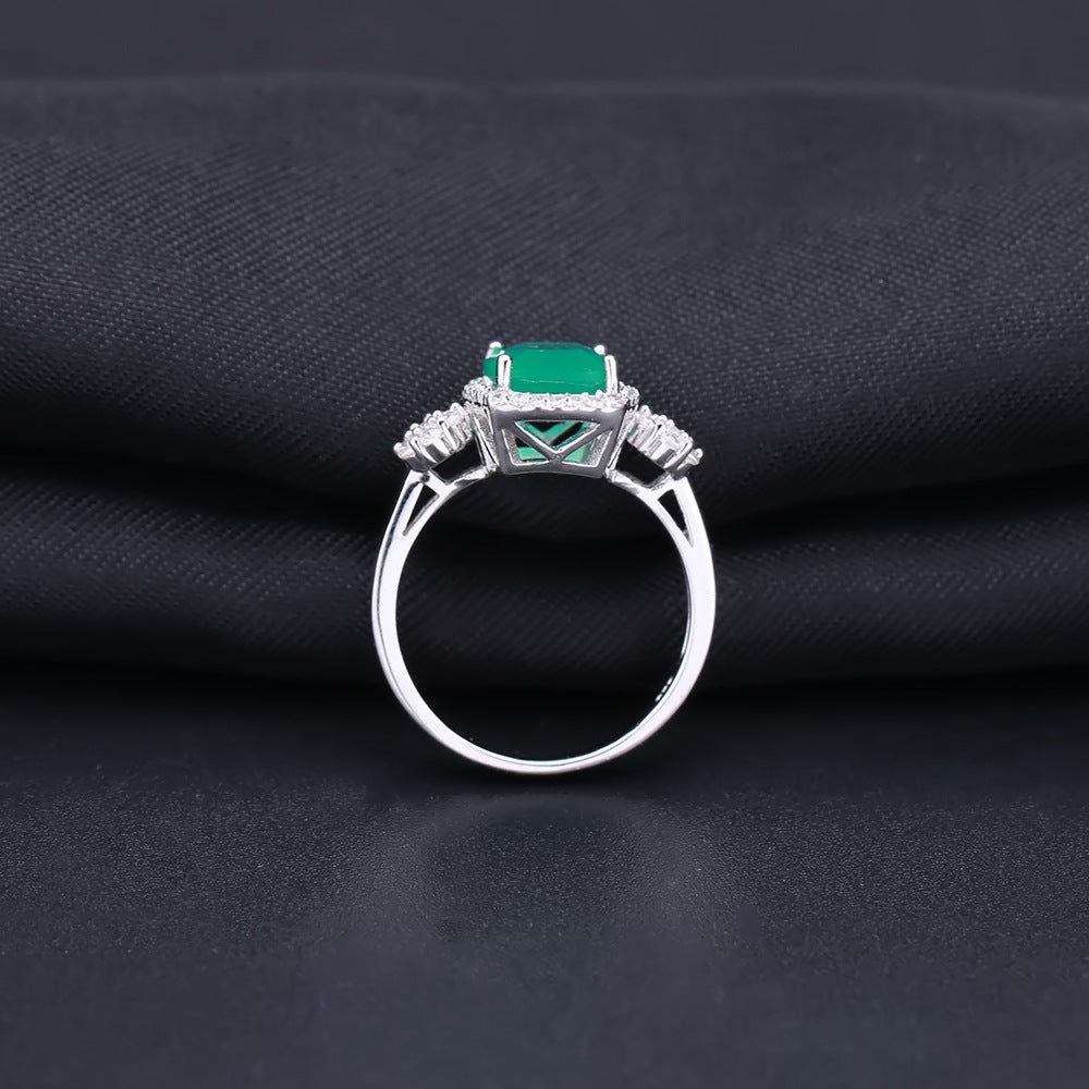 Soleste Halo Radiant Cut Natural Green Agate Silver Ring