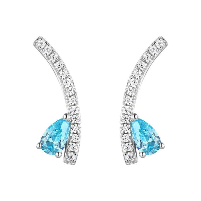 Sea Blue Pear Shape Zircon Arc Shape Sterling Silver Stud Earrings
