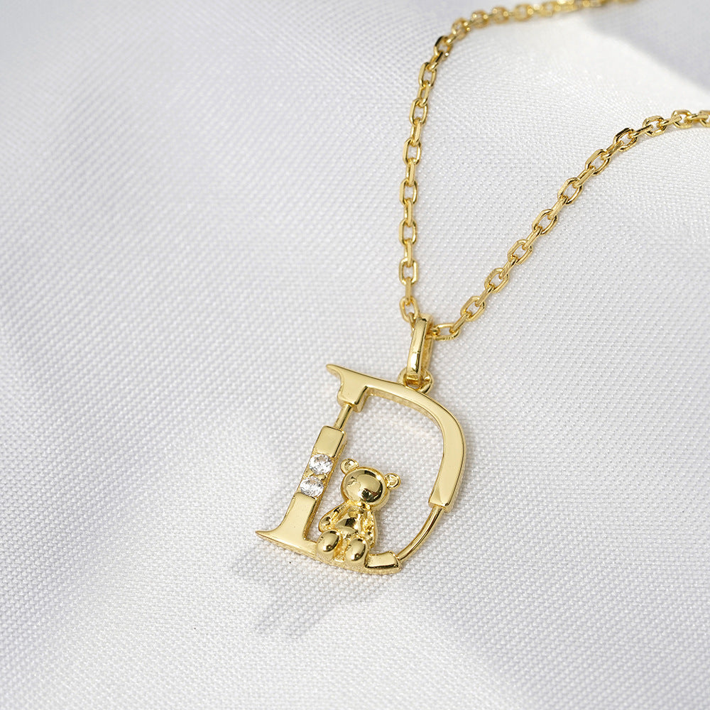 (Two Colours) Letter D with Little Bear Pendants Collarbone Necklace for Women