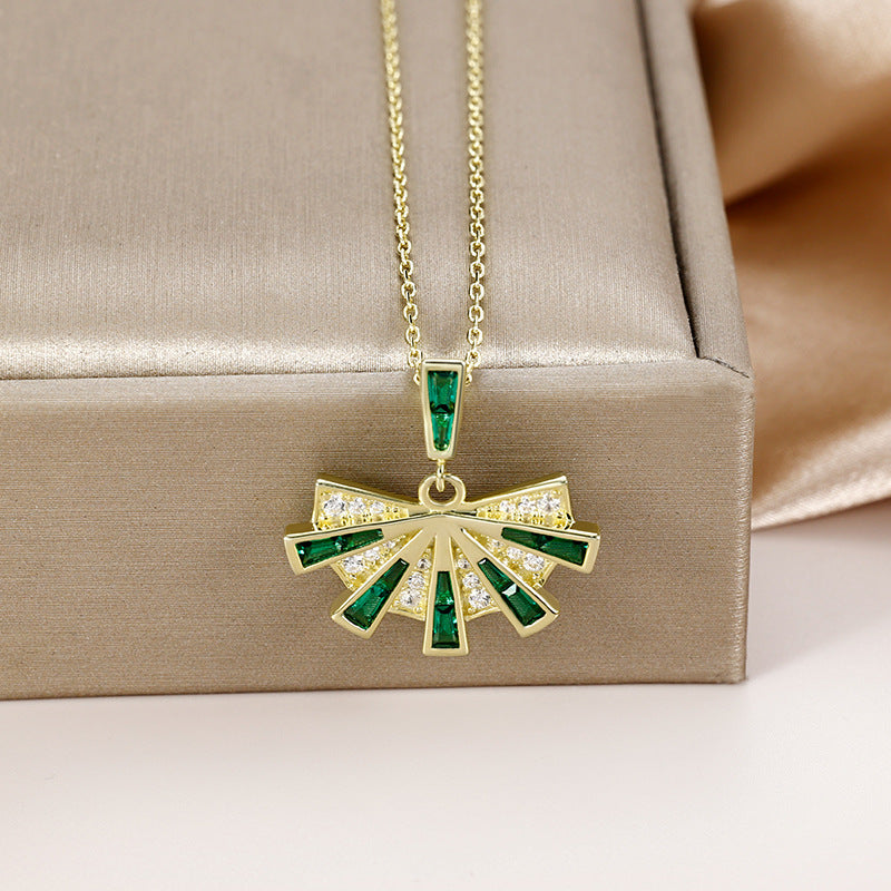 Green and White Zircon Fan Pendant Silver Necklace for Women