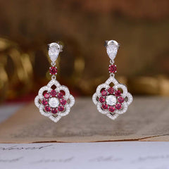 Lab-Created Ruby Flower Silver Drop Earrings