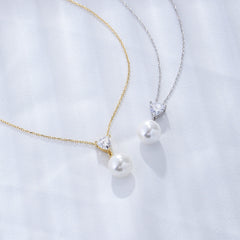 Triangle Zircon with Pearl Pendant Silver Necklace for Women