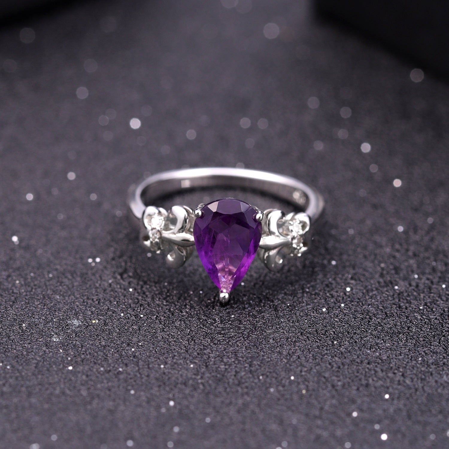 Retro Pear Shape Natural Amethyst Silver Ring