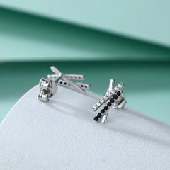 Irregular X with Black Zircon Silver Studs Earrings for Women