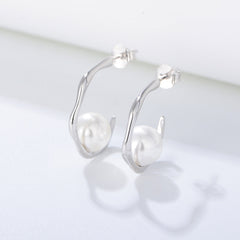 Single Pearl Geometric C-shaped Silver Studs Earrings for Women