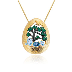 High-level Personality Natural Design Colorful Gemstone Egg Shape with Tree Pendant Silver Necklace for Women