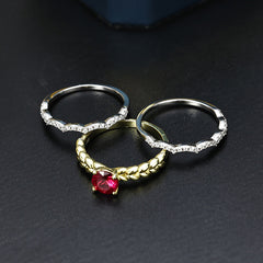 Red Zircon Wheat Ear Leaf with Wave Shape Three-in-one Silver Ring Set