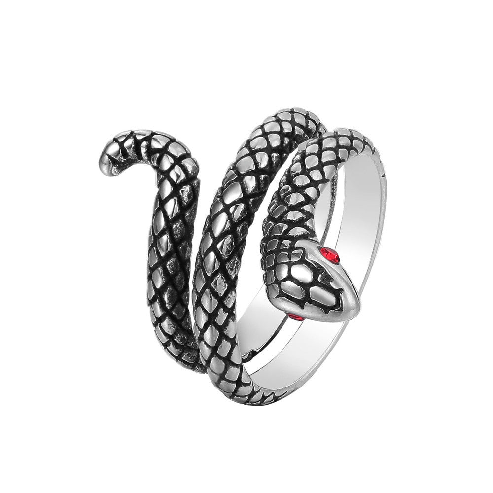 Zircon Eye Coiled Snake Titanium Steel Ring for Men