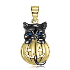 Halloween Black Kitten Golden Pumpkin Silver Necklace