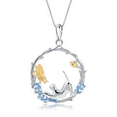 National Style Animal Design Natural Topaz Cat and Butterfly Pendant Silver Necklace for Women