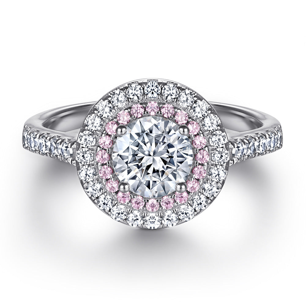 Round Zircon Double Soleste Halo Silver Ring