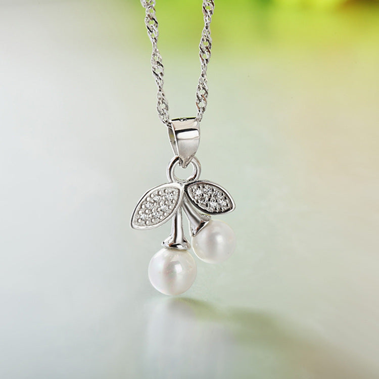 Cherry Pearl Pendant Silver Necklace for Women