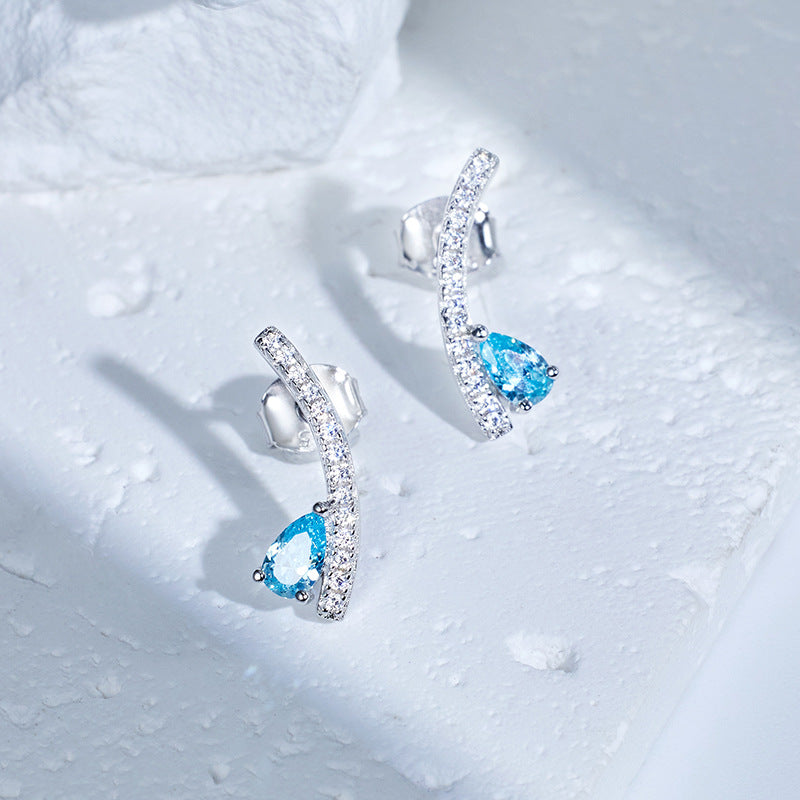 Sea Blue Pear Shape Zircon Arc Shape Sterling Silver Stud Earrings