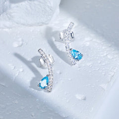 Sea Blue Pear Shape Zircon Arc Shape Sterling Silver Stud Earrings