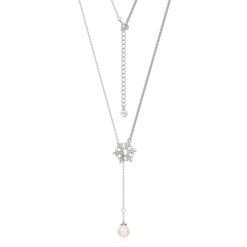 Zircon Snowflake Tassel Round Pearl Sterling Silver Necklace