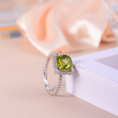 Soleste Halo Square Natural Olivine Silver Ring