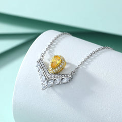 Yellow Pear Drop Zircon V-shaped Pendant Silver Necklace for Women