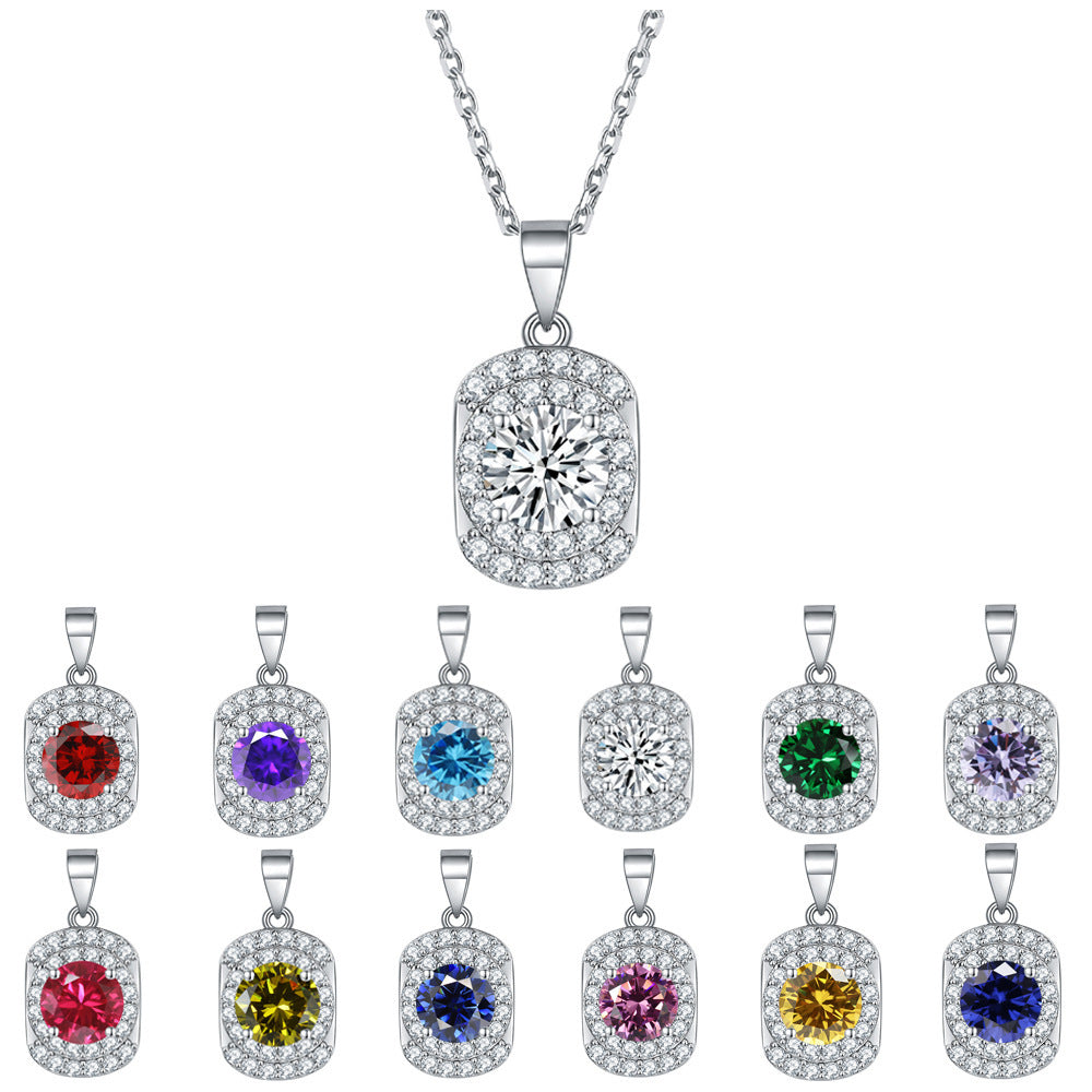 Arc Rectangle with Colourful Round Zircon Pendant Silver Necklace for Women