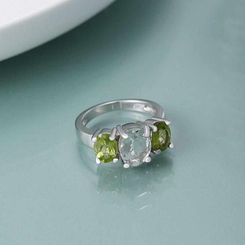 Natural Green Crystal Three Stones Silver Ring  for Women