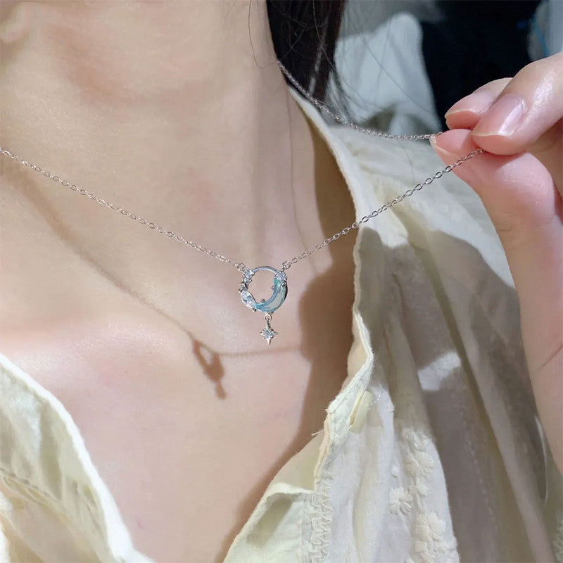 Blue Zircon Moon Star Pendants 925 Silver Collarbone Necklace for Women