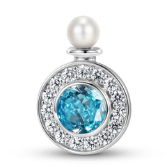 Pearl and Round Blue Zircon Bottle Shape Pendant Silver Necklace