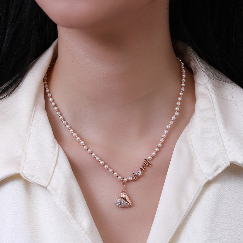 Zircon Heart-shape with Loveing Letter Beading Pearl Silver Necklace for Women