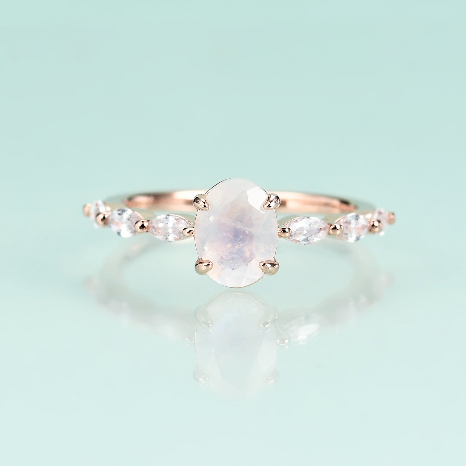 Oval Natural Moonstone and Marquise Zircon Silver Ring